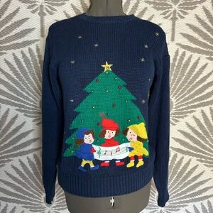 Vtg Christmas Caroling Sweater Ugly Women’s Sz M Navy Knit Holiday Tree Chunky